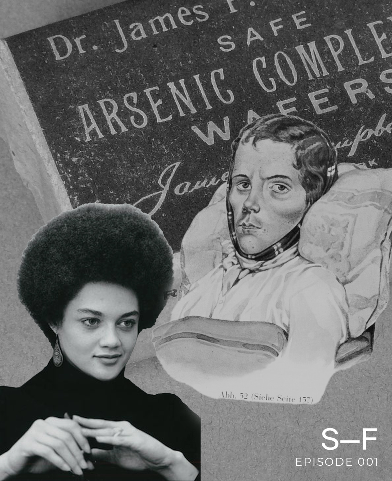 Former Black Panther Kathleen Cleaver in the foreground with an illustration of a tuberculosis patient and a photo of arsenic complexion wafers in the background